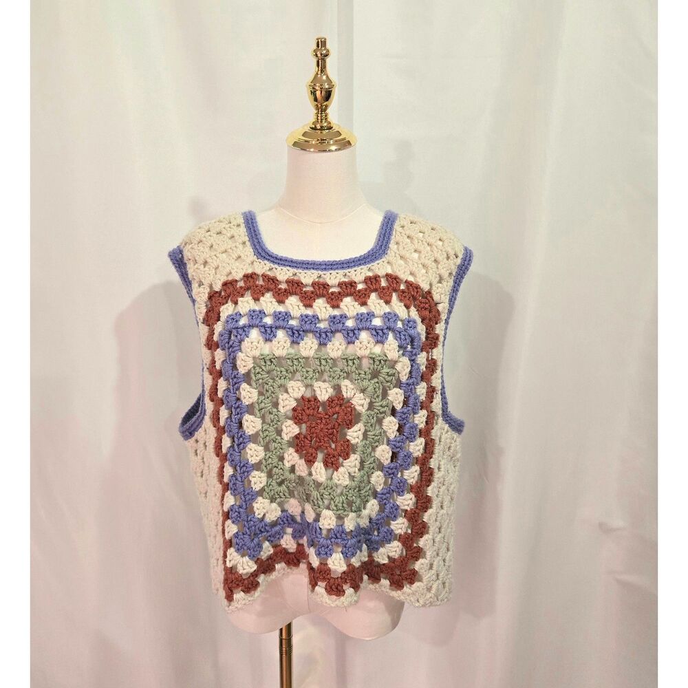 Handmade Crocheted Granny Vest in Periwinkle, Rust, and Sage - Size XL